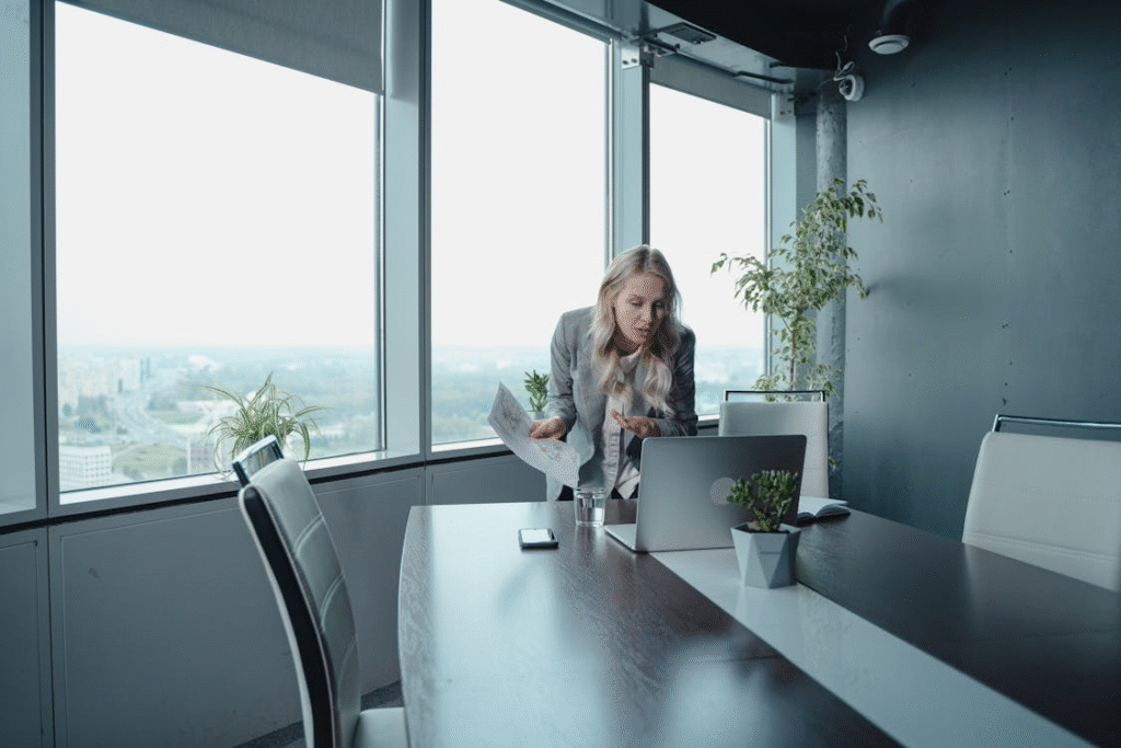 a business woman talking on the computer with someone